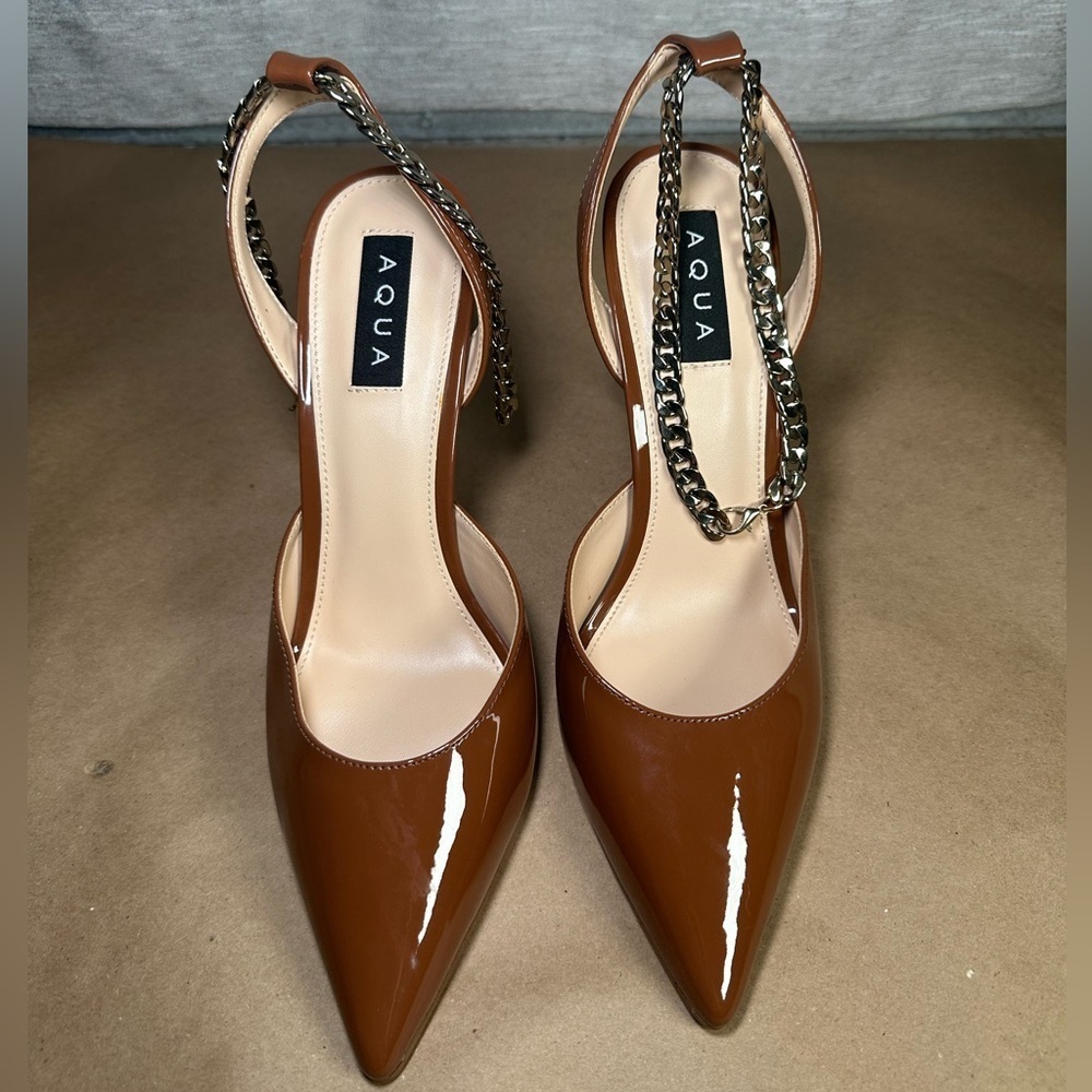 Aqua Women's Brown Pointed Pumps Slingback Chain Strap Heels Size 10M